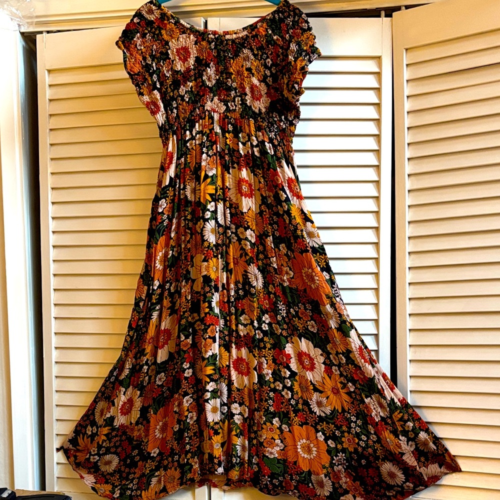 NATURAL LIFE Floral Midi Dress - Black, Red, Orange, Green
